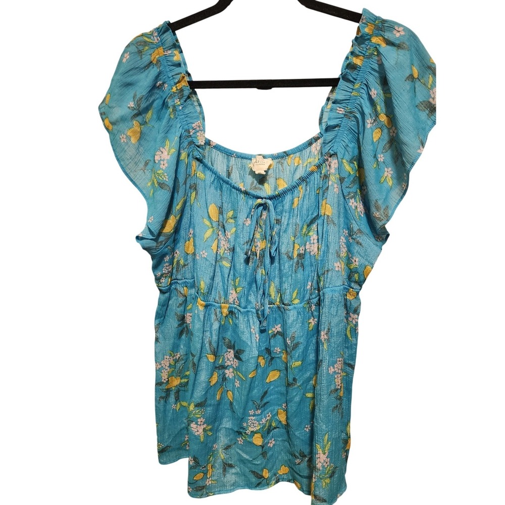 Perch by Blu Pepper Blue Lemon Floral Babydoll Blouse Off Shoulder Top 3XL - Picture 2 of 7